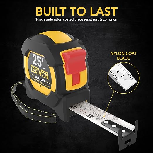 LEXIVON [3-Pack] 25Ft/7.5m DuaLock Tape Measure | 1-Inch Wide Blade with Nylon Coating, Matte Finish White & Yellow Dual Sided Rule Print | Ft/Inch/Fractions/Metric (LX-206X3)