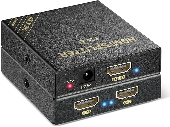 HDMI Splitter 1 in 2 Out 60Hz - HDCP Bypass 2.3, HDR, Dolby/DTS 5.1/7.1 - Compatible with Firestick 4k Max, PS3/PS5 & Elgato HD60s/x/Pro, Apple TV 4K, Retrotink, Roku Stick, NOT for Phone