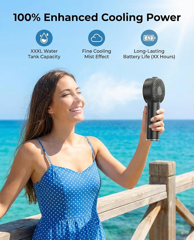 Portable Fan with Mist, AC-Level Ice Cooling Handheld Fan, Personal Fan with 1-199 Speed, 26000 RPM Powerful Turbo Fan, 40ml Water Tank & 5000mAh Battery Mini Fan for Travel, Makeup, Camping, Outdoors