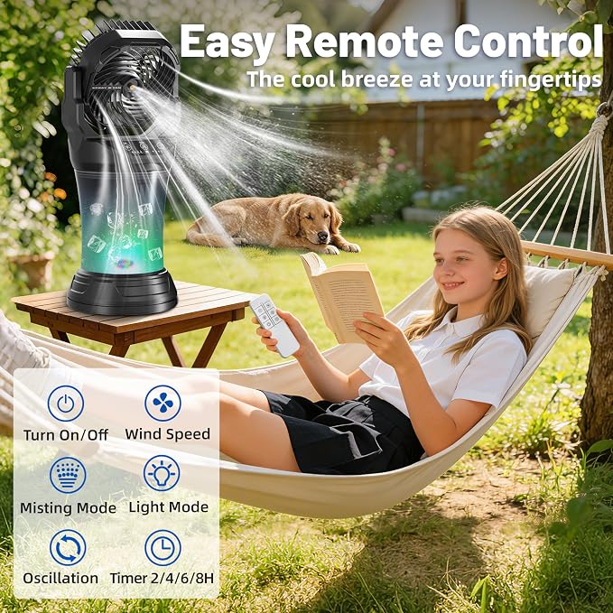 LanSuper Misting Fan, Portable Misting Fan with Light & 2L Water Tank, 30000mAh Battery Powered Misting Camping Fan, Rechargeable Mist Fan with Remote & Timer, 4 Speeds & Spray, 120° Auto Oscillating