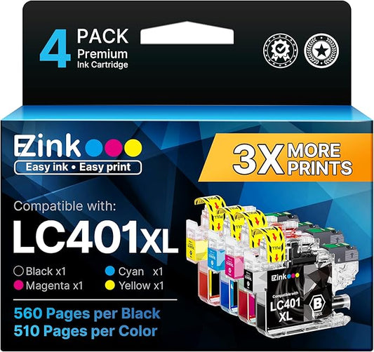E-Z Ink LC401XL Ink Cartridges for Brother Printer Compatible Replacement for Brother LC401 Ink Cartridges LC401 XL LC401XL LC 401 to use with MFC-J1010DW MFC-J1170DW MFC-J1012DW DCP-J1800DW (4 Pack)