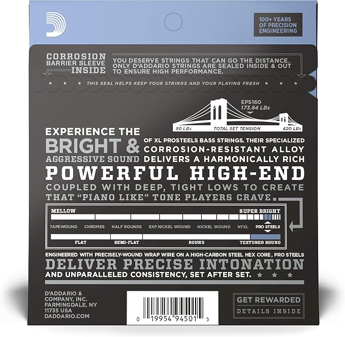 D'Addario XL ProSteels Bass Guitar Strings - EPS160 - Long Scale - Medium, 50-105