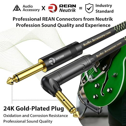 AA AUDIO ACCESSORY Pro Bass Guitar Cable 15 ft, Gold-Plated Neutrik REAN Connector, 18 AWG OFC, Braided 1/4 Inch Instrument Cable for Fender Electric Bass Guitar Combo Amp Rumble Marshall, Right Angle