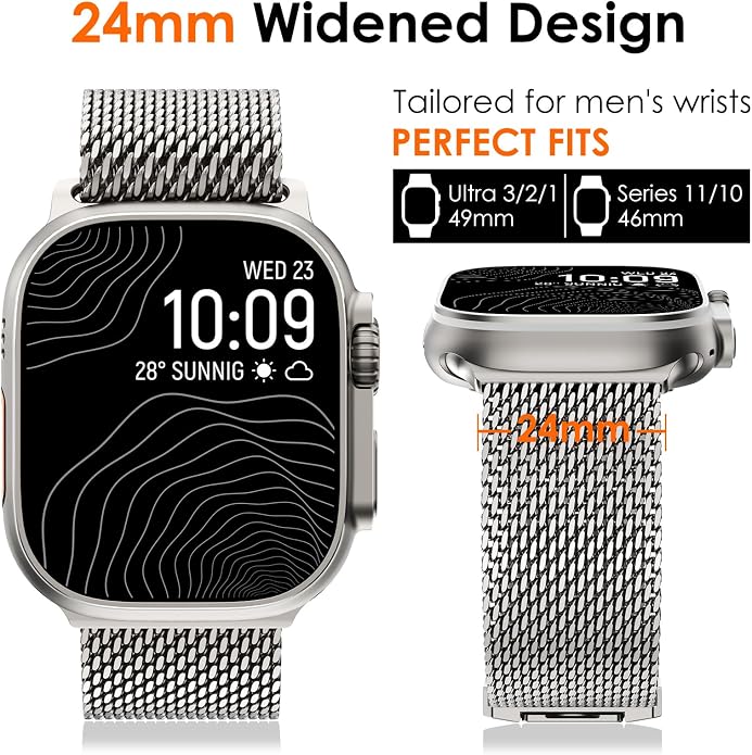 WINGLE Milanese Loop for Apple Watch Band Ultra 3/2/1 Band Ultra 49mm Series 11 10 46mm 45mm 44mm SE 3/2/1 Series 9 8 7 6 5 4 3 Men Women,Parachute-Style Buckle Stainless Steel Mesh Metal iWatch Bands