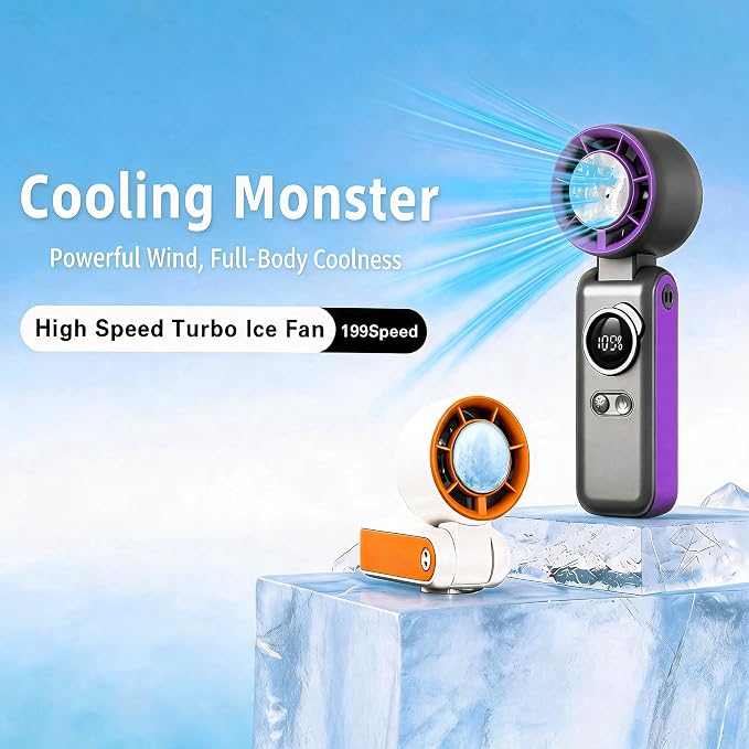 Portable Handheld Turbo Ice Fan,with Semiconductor Cooling-6000mAh Rechargeable 3-in-1 Mini Fans (Hand/Neck/Desk),199 High Speed/26550 RPM,LED Display Quiet Fan for Travel,Beach,Home,Outdoor (Purple)