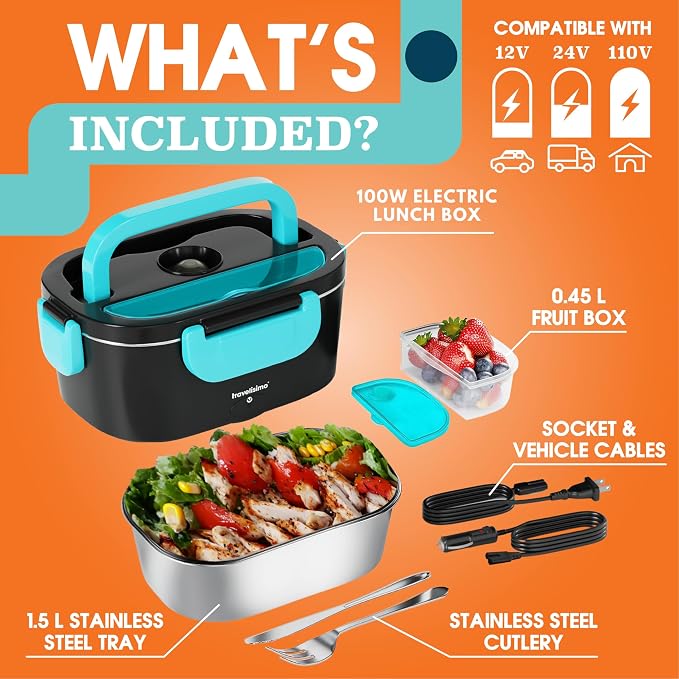 TRAVELISIMO Electric Lunch Box for Adults 100W Heated Lunch Box For Men 1.5L Stainless Steel Portable Food Warmer, 12/24/110V for Travel & Work, Loncheras Electricas Para Calentar Almuerzo