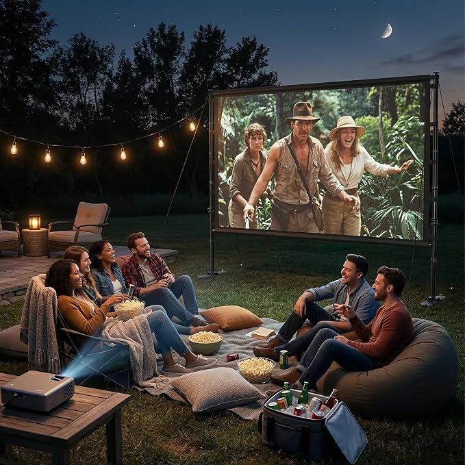 Outdoor Projector Screen with Stand 120 Inch, 16:9 Portable 4K HD Indoor Movie Screen, Large Double-Sided Washable Screen with Carry Bag, Sandbags for Backyard, Camping, Home Theater