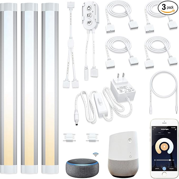 Smart Under Cabinet Lights Work with Alexa, Google,Siri, LED Light for Kitchen Shelf Counter Lighting with App, Voice Activated Dimmable and Linkable Warm to Cool White (3 Lights Bar Kit)