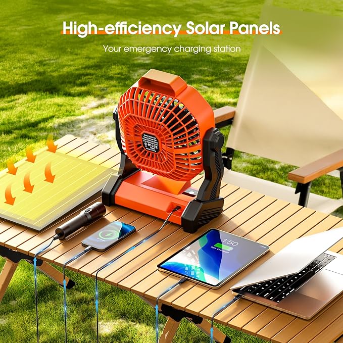 Solar Powered Fan,【Max 40H Runtime】Rechargeable Solar Camping Fans & Led Lantern,8-inch Portable Fan with Solar Panel,Battery Operated Powered Outdoor Tent Fans for Camping Essentials Accessories