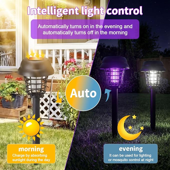 4 Pcs Solar Bug Zapper Outdoor Waterproof Mosquito Repellent Light Solar Power Fly Killer Lamps for Moths, Gnats, Fly, Small Flying Insect Backyard Garden Lawn (Plastic,Purple & Sunlight)