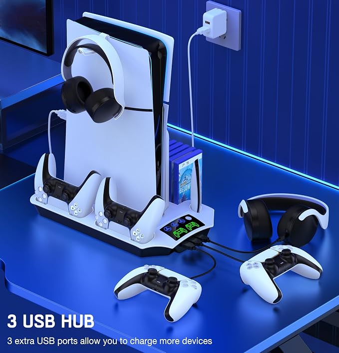 PS5 Slim Stand and Turbo Cooling Station with Controllers Charger Station for Playstation 5, PS5 Pro Console Accessories with 3 Levels Cooling Fan 13-Game Organizer Headset Holder for PS5 Digital/Disc