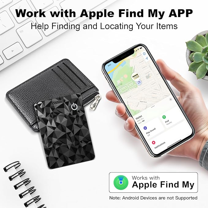 Wallet Tracker Card (iOS Only), Rechargeable Smart Card Wallet Tracker Works for Apple Find My, Thin Bluetooth Tracking Card GPS Tracker, Key Finder for Keys, Bags, Passport, Carbon Fiber