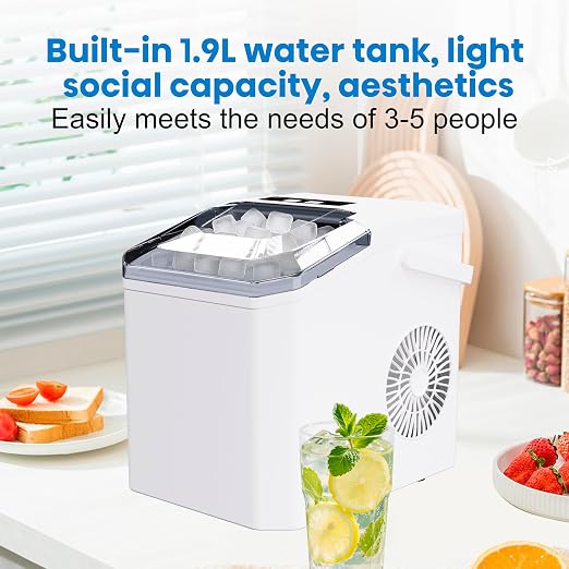 Countertop Ice Maker Machine with Portable Handle, Basket and Scoop, 26lbs Daily, 9 Ice Cubes Ready in 6 Mins, Auto-Cleaning for Home, Kitchen, Office, Outdoors, RV Camping.