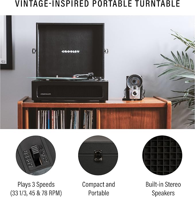 Crosley CR8017B-BK Voyager Vintage Portable Vinyl Record Player Turntable with Bluetooth in/Out and Built-in Speakers, Black