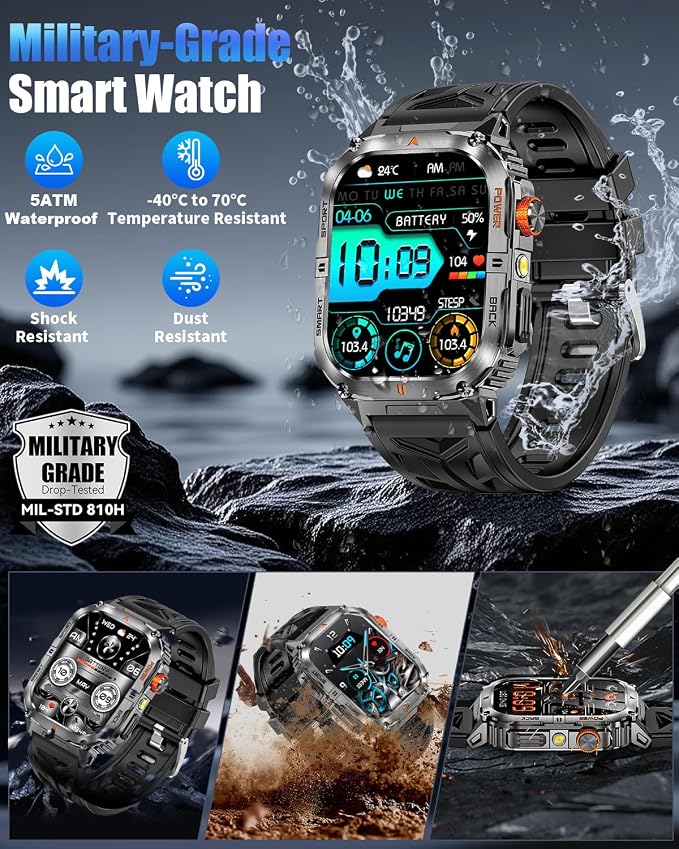 Military Smart Watch for Men, 2.01" Smartwatch with 1200mAh Battery, Flashlight, Answer/Make Calls, Heart Rate/Sleep Monitor 100+ Sport Modes Fitness Tracker for Android/iPhone (Black 03)