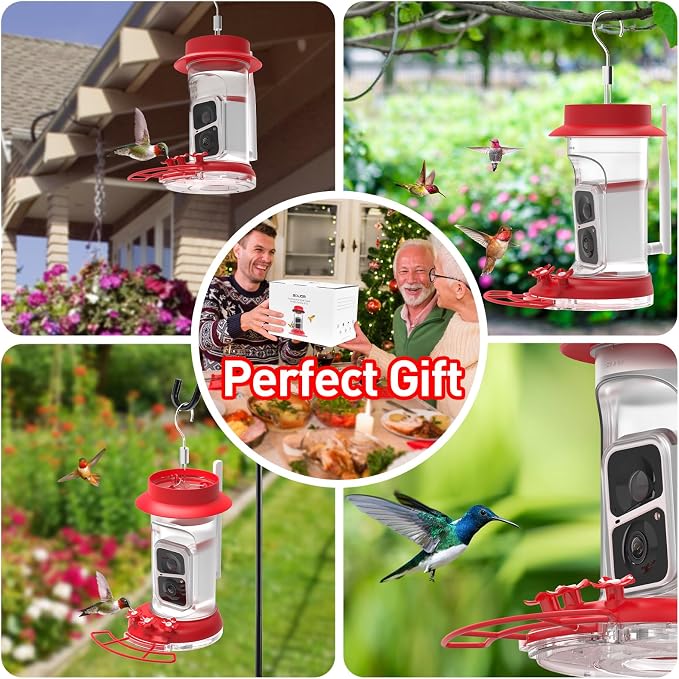 Soliom Hummingbird Feeder with Camera, Smart Feeder Camera with 2K Live View AI Identify, Leak Proof&Ant Moat&Bee Proof, Outdoor Pole/Hook Hanging, Ideal Gift for Family, 16 OZ Red