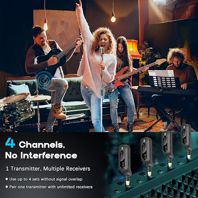 5.8GHz Wireless Guitar Audio System - Rechargeable Transmitter and Receiver with 4 Channels, Low Latency and Over 164ft Long Range Transmission, Compatible Guitar Bass Electric Instruments