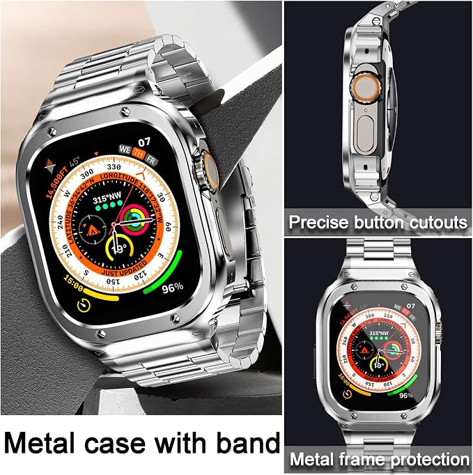 MioHHR Stainless Steel Band and Case Compatible with Apple Watch Band 49mm, Men Metal Protective Bumper Cover for iWatch Series Ultra 3/2/1, Silver