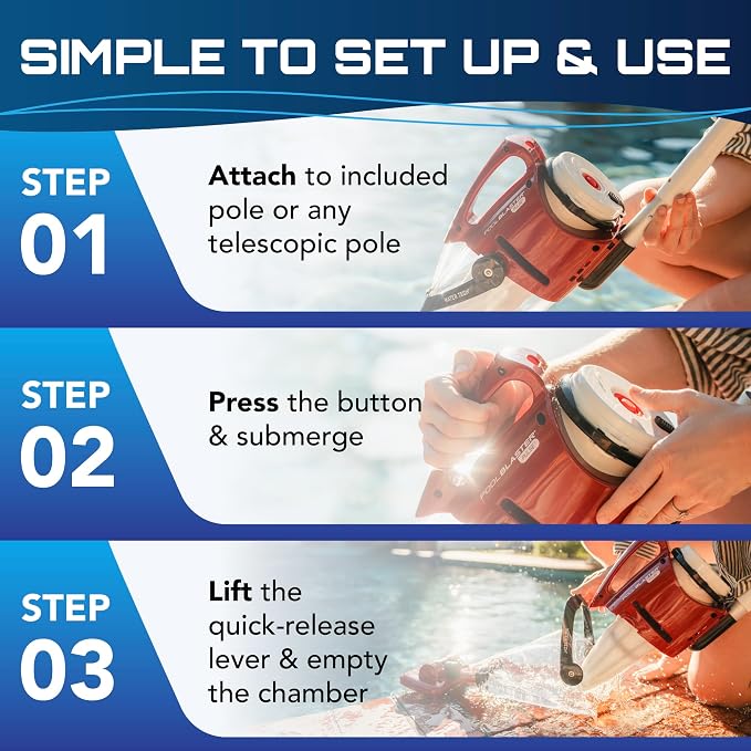 POOL BLASTER Pulse Cordless Pool Vacuum for Above Ground Pool - American-Engineered Hoseless Vac with XL Debris Chamber & 45" Pole - Rechargeable Cleaner with 7.5" Head & 45 Min Runtime