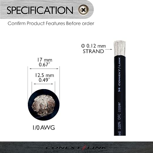 10 FT 1/0 AWG 0 GA Full Gauge Battery Power Cable Ground Wire Frost Black OFC Copper （10031）
