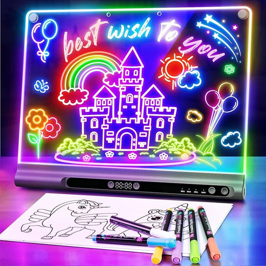 16“ Rechargeable LED Drawing Board, 9-Color Light Modes with Timer & Built-in Stand, Neon Art Dry Erase Glow Up Doodle Note Pad, Sketching Gift Toy for Kids/Girls/Teens, 6 Markers & Tracing Book