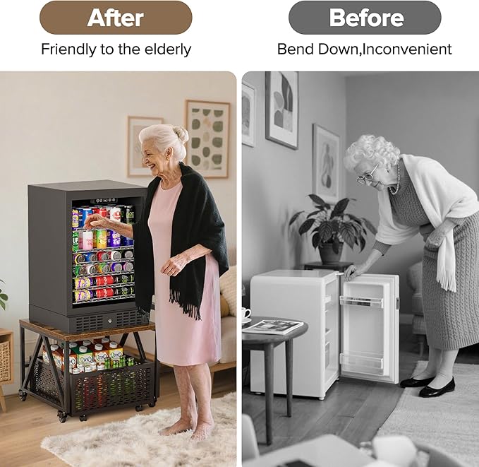 Urban Deco Mini Fridge Stand with Storage,Heavy Duty Fridge Cart with Drawer Basket,Mini Refrigerator Table for 220LBS,Mobile Fridge Stand with Swivel Wheels for Dorm,Home,Brown(Frame with Wheels)