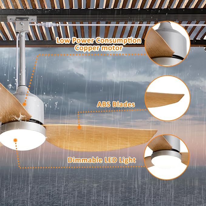 Depuley Outdoor Ceiling Fan with Light: 42 Inch Nickel Waterproof Gazebo Fans with Lights Outdoor Hanging - Plug in Remote App Control for Patio Indoor Farmhouse Porch - 6 Speed Reversible DC Motor