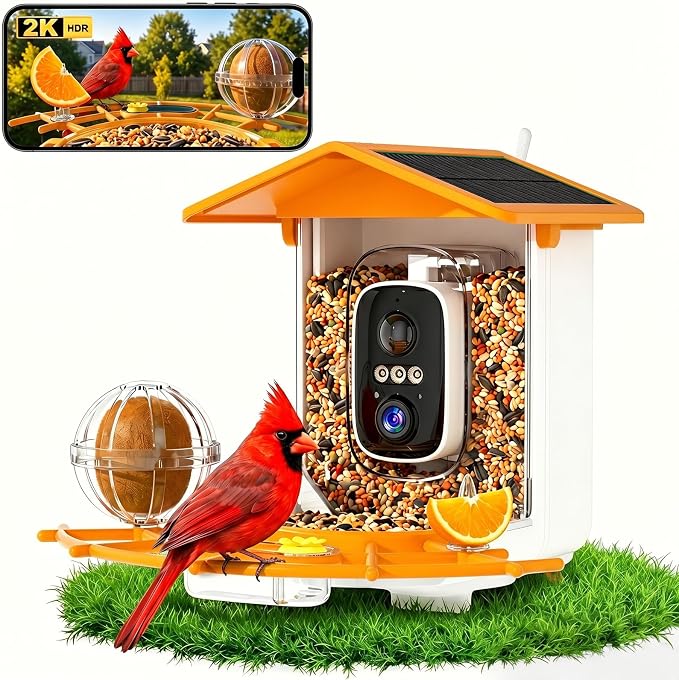Bird Feeder with Camera,AI Identify Birds Species,Solar Powered,Auto Record Videos in Backyard,Instant Notifications,Ideal Gift for Family and Bird Lovers (Orange)