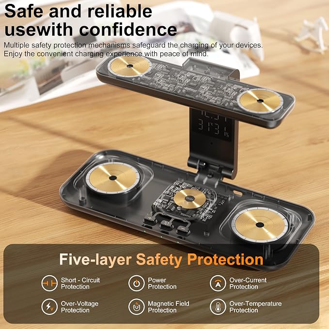 7-in-1 Wireless Dual Phone Charging Station for Apple, Dual Magsafe Charger for iPhone 17-12 Series, for Dual Apple Watch Charger for iWatch, with Air Pods Charger, Night Light & Clock