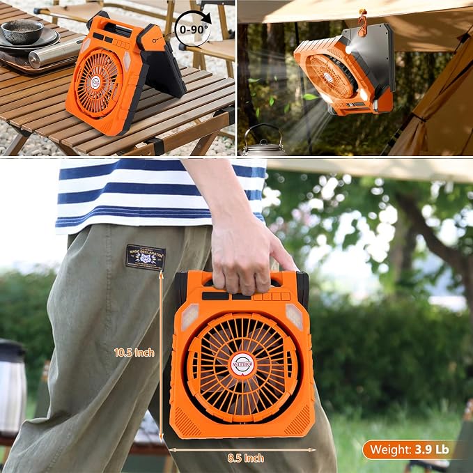 Battery Solar Powered Fan with LED Light & Flashlight, 180° Oscillation 26000mAh Ventilador Recargable Camping Fan 10W Fast Charging Solar Dual-Panel Portable Cordless Fans for Outside, Beach, Hiking