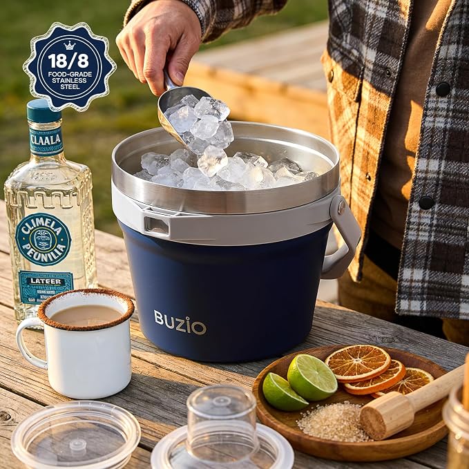 BUZIO 7 L Ice Bucket for Parties with Lid and Scoop & Tongs, Vacuum Insulated Stainless Steel Ice Buckets with Handle and Adjustable Shoulder Strap, Large Beverage Bucket for Cocktail Bar, Blue