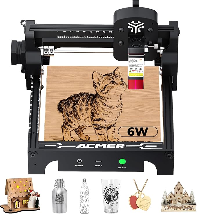 ACMER S1 Laser Engraver 6000mW, Compact Desktop Engraving & Cutting Machine for DIY Crafts, Small Business & Makers, 130x130mm Work Area, 0.04mm Detail Engraving for Wood, Acrylic, Metal Black