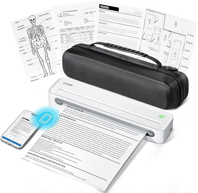 D90E Inkless Portable Printer for Travel, Supports 8.5 x 11 Inch Thermal Paper Wireless Thermal Printer Bluetooth, with Travel Case & 10 Sheets for Students, Office, School, White