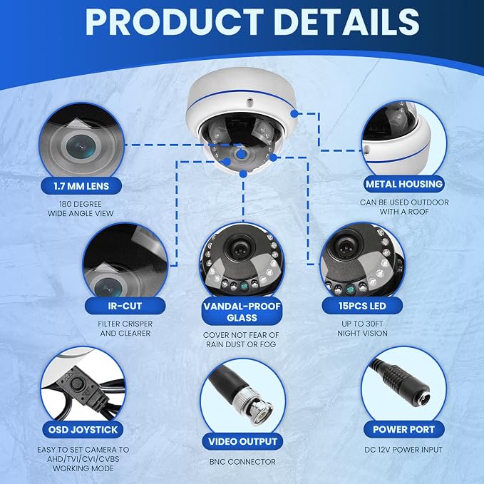 HD 1080P 2MP 180 Degree Fisheye Dome Security Camera Outdoor Indoor Wired Coax 1.7mm Lens Super Wide Angle 4 in 1 (TVI/AHD/CVI/BNC) Hybrid Analog CCTV Camera with IR Night Vision