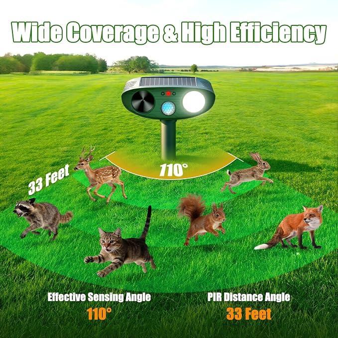 2026 Solar Ultrasonic Animal Repellent Outdoor with Motion Sensor Flash Light, IP66 Waterproof Deer Cat Squirrel Raccoon Repellent for Yard Farm Garden (2 Pack)