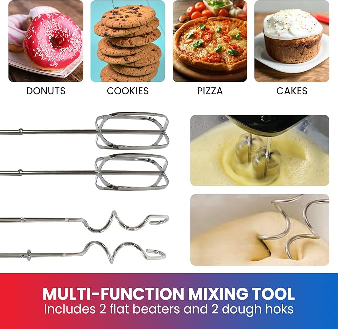 Total Chef TCHM02 6-Speed Hand Mixer, 250 Watts with Turbo Boost, Beaters and Dough Hooks,Multi-Function Mixing Stainless Steel, Countertop, Black/Gray