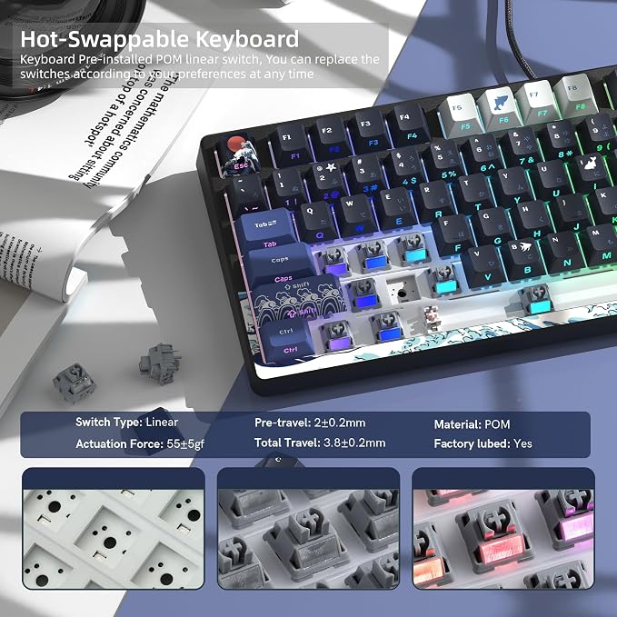 Womier SK80 75% Keyboard with Color Multimedia Display Mechanical Gaming Keyboard Creamy Sound, Wired Hot Swappable Gasket Mount RGB Custom Key Board, Pre-lubed Stabilizer for Mac/Win, Black Kanagawa