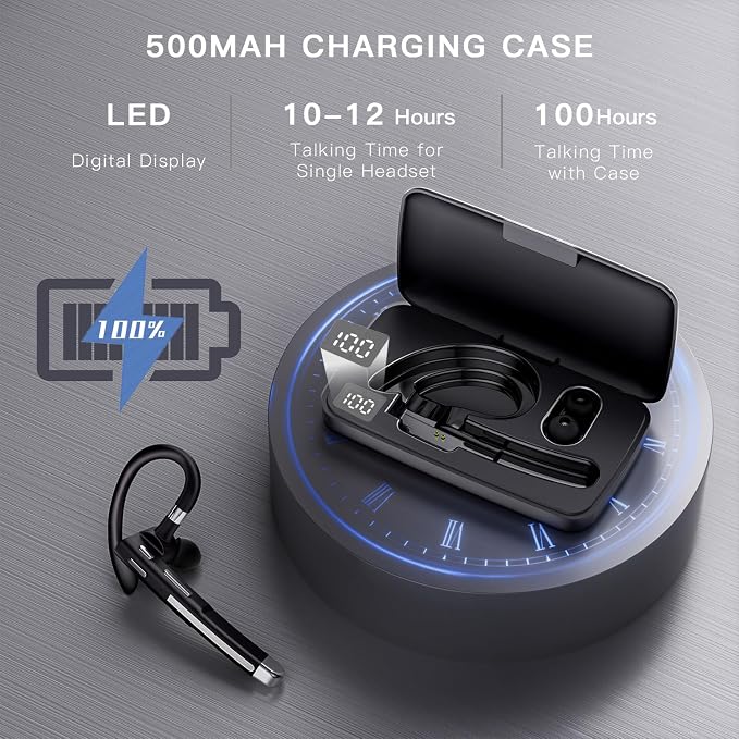 Bluetooth Headset V6.1,100Hrs Talk Time Dual Noise Cancellation Wireless Earpiece,CVC8.0 Noise Cancelling Wireless Earbud, Business Earbud with 500 mAh Charging Case for Trucker/Home/Office Work