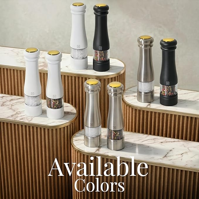 Electric Salt and Pepper Grinder Set - Styled Settings Electric Salt and Pepper Shakers, Automatic Stainless Steel Set with LED Light, Battery Operated, Adjustable Coarseness, Wood Base
