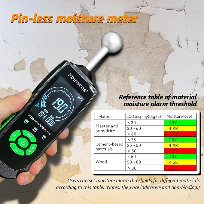 RDINSCOS Ball Probe Moisture Meter Non-Invasive Digital Moisture Detector | 5-40mm Depth Moisture Tester for Wood, Wall, Custom Alarm Threshold, Flashlight LCD Screen for Basement Inspection