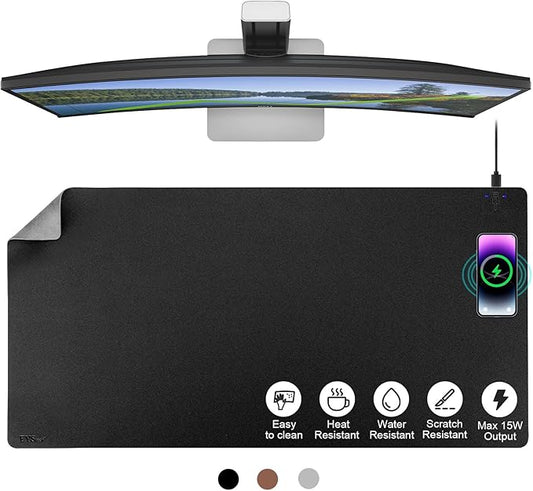 EYStech™ Desk Pad with Wireless Charger, Leather, Waterproof, Anti-Slip Wool Felt Base Material, Office Table Mat, Fast Charging Gaming Mouse Pad, 36”(L) x 17”(W), Black (Right Side Charging Port)