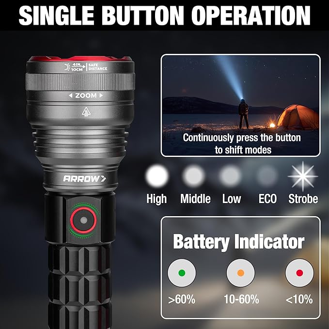 Arrow Rechargeable Flashlights 12000 Lumens, 6 Modes Bright LED Flashlight with Memory Function, IPX7 Waterproof, Zoomable Flash Light with Dual Power Design, USB-C Input Output for Outdoor Emergency