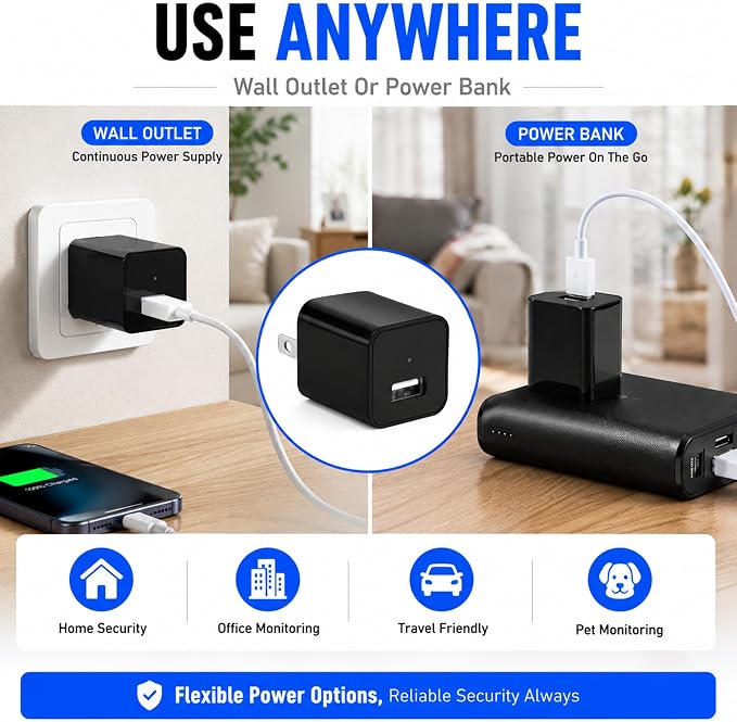 64G USB Charger Hidden Camera, 1080P Motion Detection Indoor Security Camera with SD Card Included, No WiFi/Monthly Fee, 106° Wide Angle, Local Storage Home Monitoring Device (2026 Upgraded)