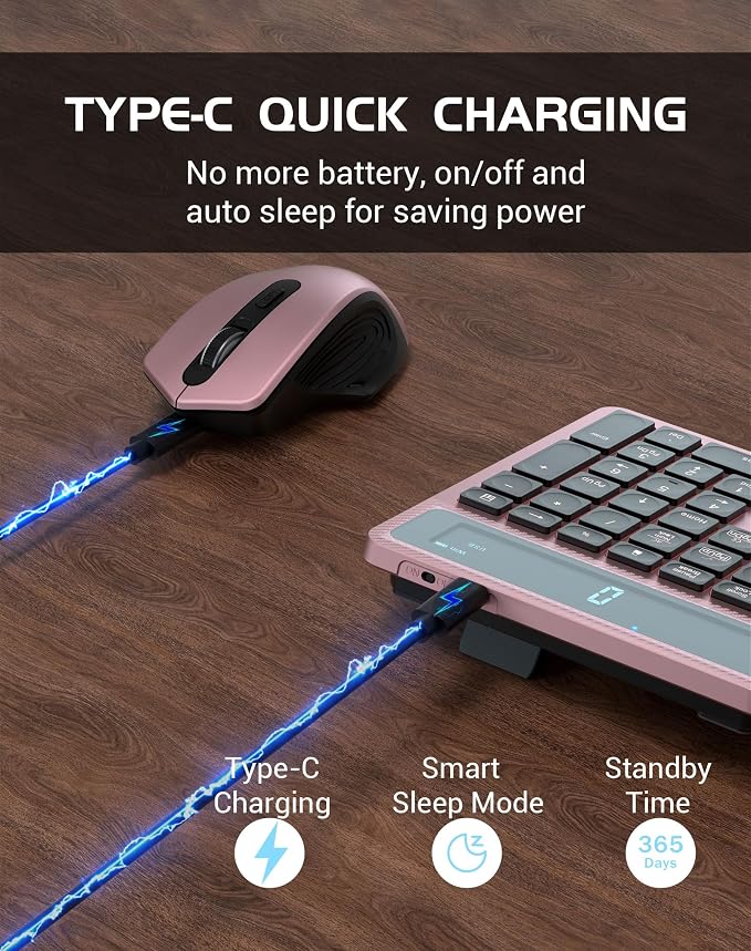 Wireless Keyboard Mouse Combo, Full Size Quiet Ergonomic Keyboard with Calculator, Backlit, Wrist Rest, Phone Holder, 2.4Ghz Silent Rechargeable Keyboard & Mouse for Laptop, PC, Windows (Pink Black)