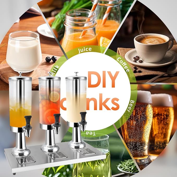 Hot and Cold Beverage Dispenser with Stand, 2.38 Gallon All-in-One Commercial Drink Dispenser with Ice Core&Stainless Steel Drip Trays for Parties, Beer Bar, Coffee (3 Head-2.38 GAL, SILVER)