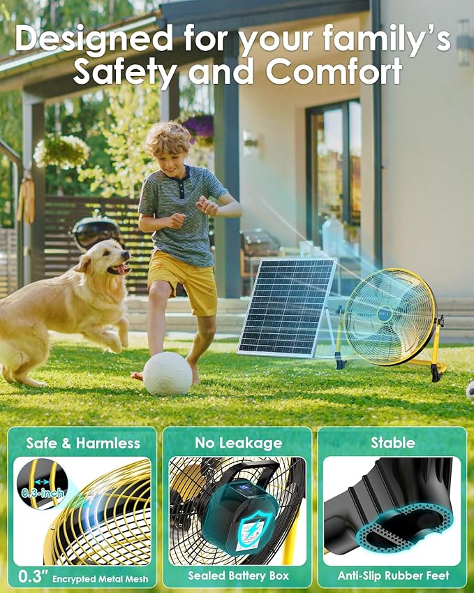 ZHULI 14" Solar Fan, Portable Battery Operated Solar Fans for Outside, Rechargeable Cordless Camping Fan, 30W Solar Panel, Hi-Velocity Brushless Motor, Metal Blade, USB Phone Charge, Quiet, Wireless