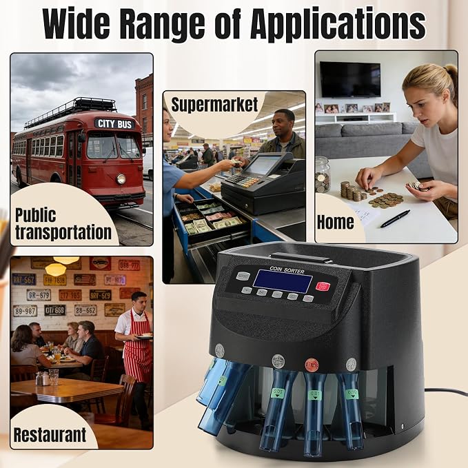 Coin Counter 270 Units/Min, USD Coin Sorter and Wrapper Machine Sort 300-Coin Capacity, Automatic Change Counter with LCD Display for 1￠ 5￠ 10￠ 25￠ $1, Included 5 Coin Bins & 5 Tubes & 5 Wrappers