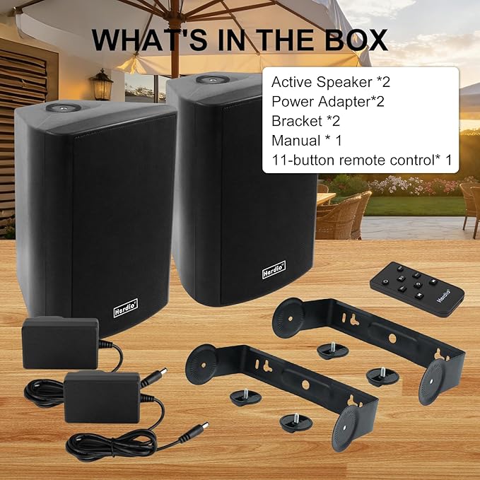 Herdio 4" 200W Outdoor Bluetooth Speakers, IPX5 Waterproof Rating and Be Able to Wireless Multi-Connection Up to 20 Units for Patio/Porch/Balcony (Black, 2-Pack)