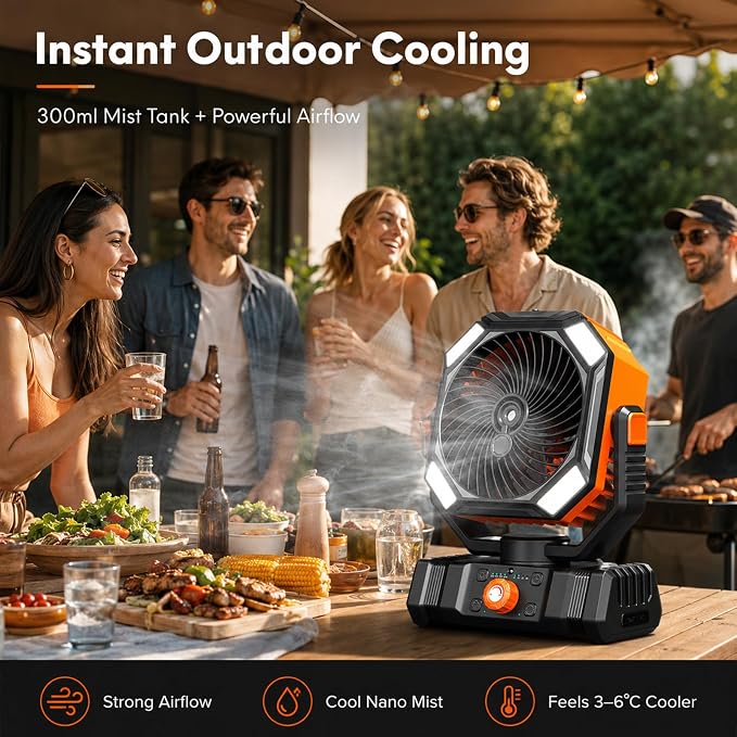 Portable Camping Fan with LED Lantern, 10000mAh Rechargeable Battery Operated Outdoor Fan with Remote, Auto Oscillating Portable Misting Fan with Hanging Hook for Tent, ABS, Orange & Black