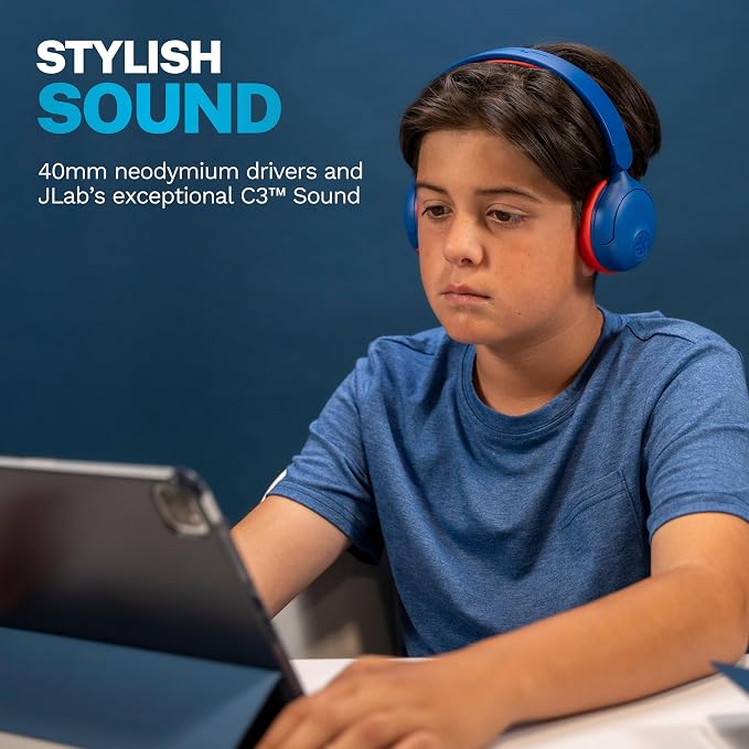 JLab, JBuddies ANC 2 in 1, Kids Headphones, Active Noise Cancelling, Wireless + Wired, Blue/Red